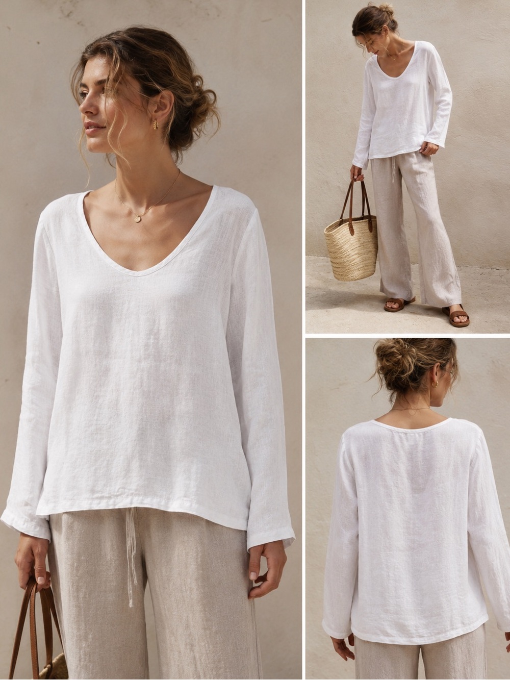 FLAX Linen Long Sleeve Long Sleeve Top in White 1G NWOT